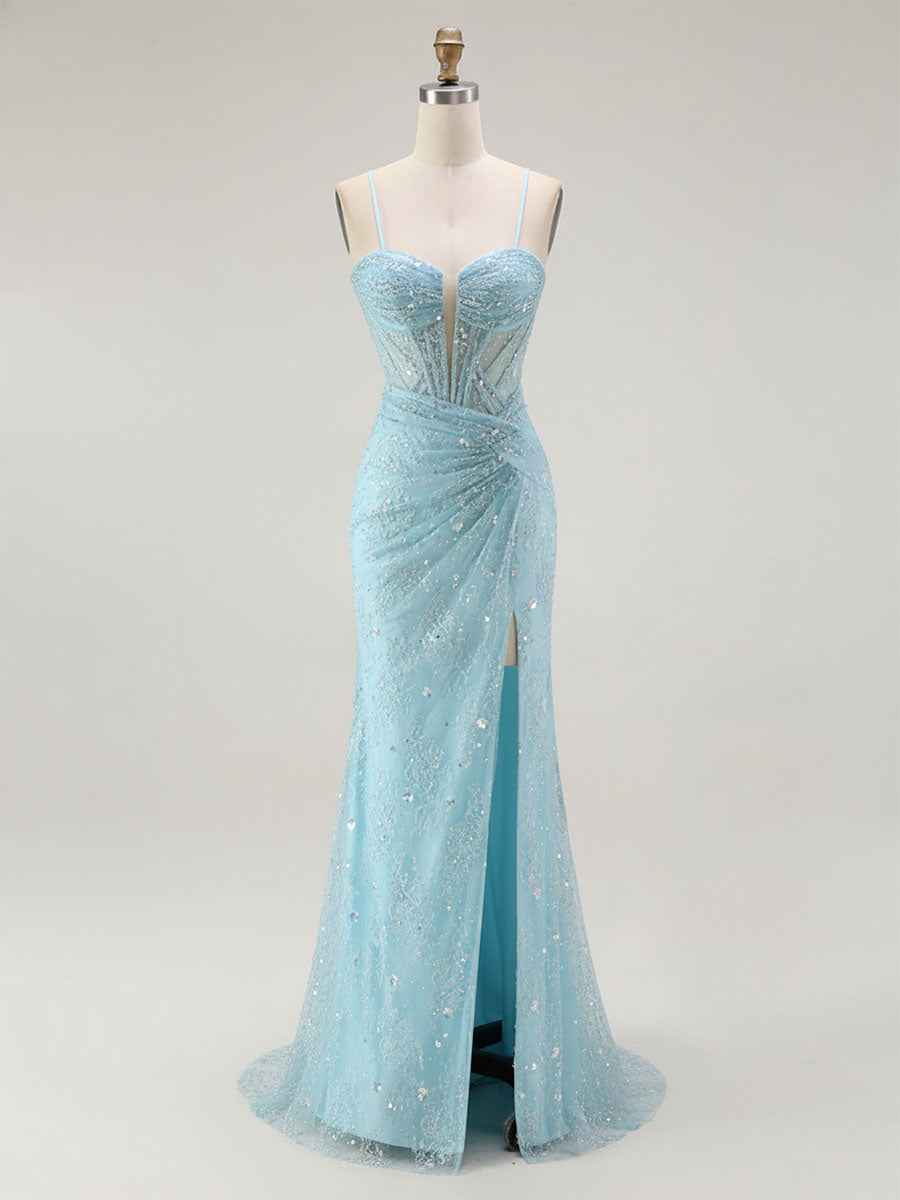 Blue Mermaid Spaghetti Straps Beaded Long Prom Dress with Slit