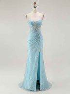 Blue Mermaid Spaghetti Straps Beaded Long Prom Dress with Slit