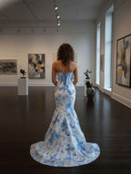 Blue Mermaid Strapless Sweetheart Floral Long Prom Dress