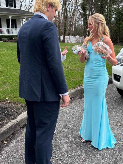 Blue Mermaid Straps Open Back Long Prom Dress BMBRIDE