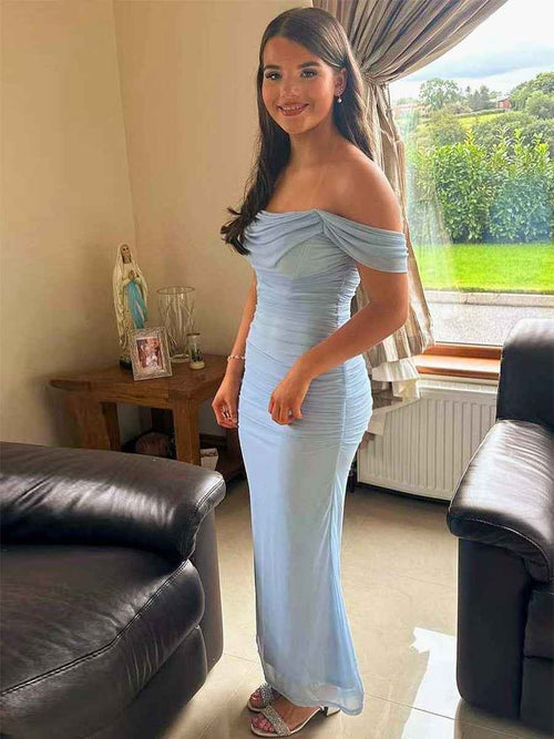 Blue Off The Shoulder Pleats Mermaid Long Formal Prom Dress BMBRIDE