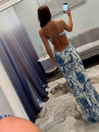 Blue Porcelain Print Spaghetti Straps Beaded Long Prom Dress with Slit