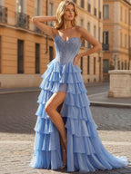 Blue Strapless Corset Tiered Ruffles Prom Dress with Slit