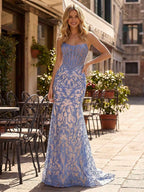 Blue Strapless Pearl Beaded Ruched Corset Long Prom Dress