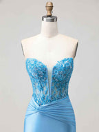 Blue Strapless Plunging V-Neck Beaded Corset Prom Dress with Slit