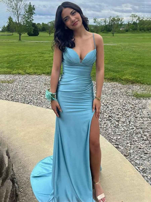 Blue Straps Ruched Mermaid Long Porm Dress with Slit BMBRIDE
