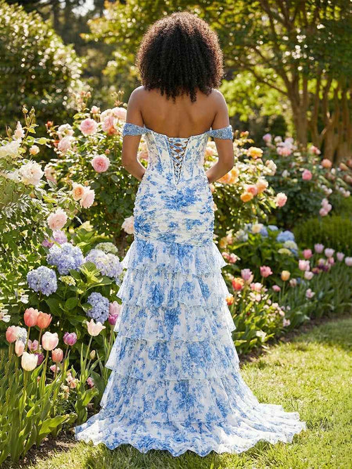 Blue Toile Enchanted Floral Lace-Up Back Prom Dress with Tiered Ruffles BMBRIDE