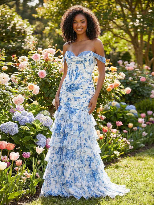 Blue Toile Enchanted Floral Lace-Up Back Prom Dress with Tiered Ruffles BMBRIDE