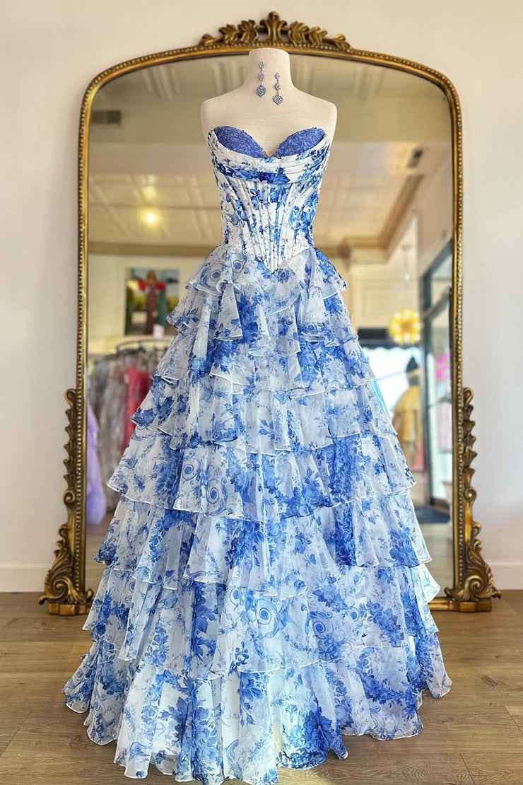 Pink A-Line Strapless Sweetheart Print Tiered Tulle Long Prom Dress with Slit