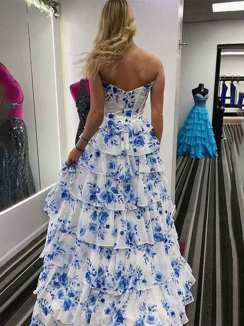 Blue A-Line Strapless V-Neck Tiered Printing Long Prom Dress BMBRIDE