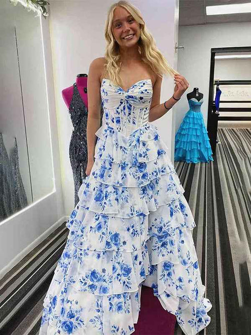 Blue A-Line Strapless V-Neck Tiered Printing Long Prom Dress BMBRIDE