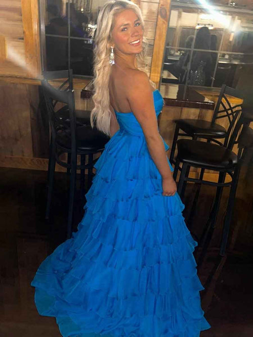 Blue A Line Sweetheart Strapless Chiffon Tiered Prom Dress BMBRIDE