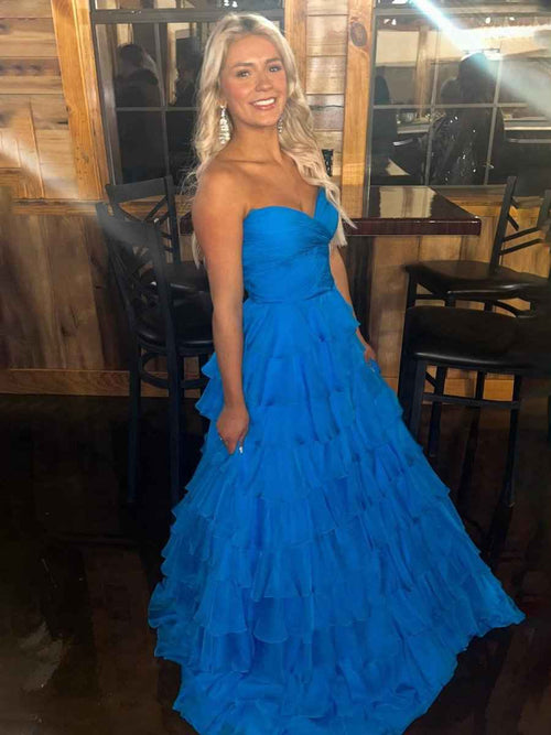 Blue A Line Sweetheart Strapless Chiffon Tiered Prom Dress BMBRIDE
