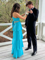 Blue A Line V-Neck Tiered Long Prom Dress with Cut-out