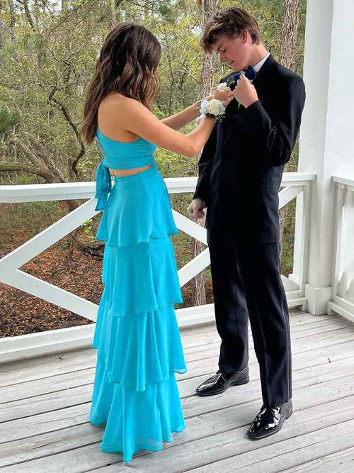 Blue A Line V-Neck Tiered Long Prom Dress with Cut-out BMBRIDE