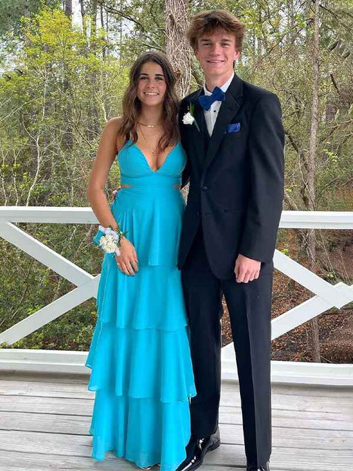 Blue A Line V-Neck Tiered Long Prom Dress with Cut-out BMBRIDE