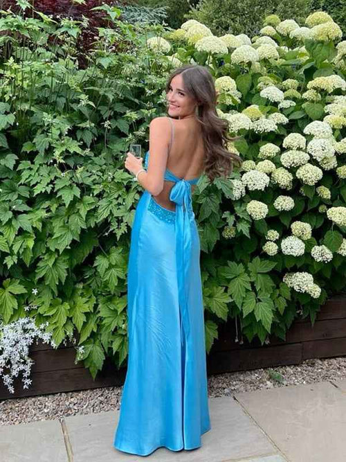 Blue A Line V-neck Beaded Back Tie Long Prom Dress BMBRIDE