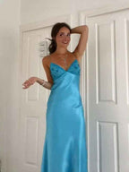 Blue A Line V-neck Beaded Back Tie Long Prom Dress