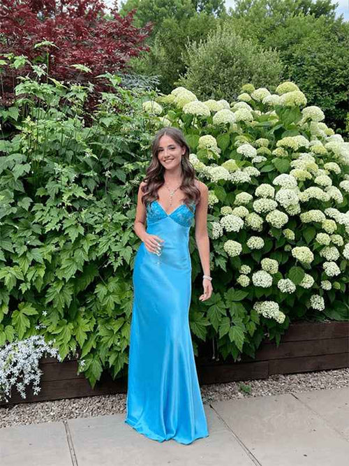 Blue A Line V-neck Beaded Back Tie Long Prom Dress BMBRIDE