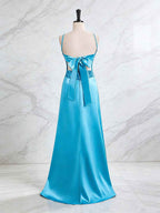 Blue A Line V-neck Beaded Back Tie Long Prom Dress
