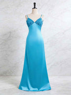 Blue A Line V-neck Beaded Back Tie Long Prom Dress
