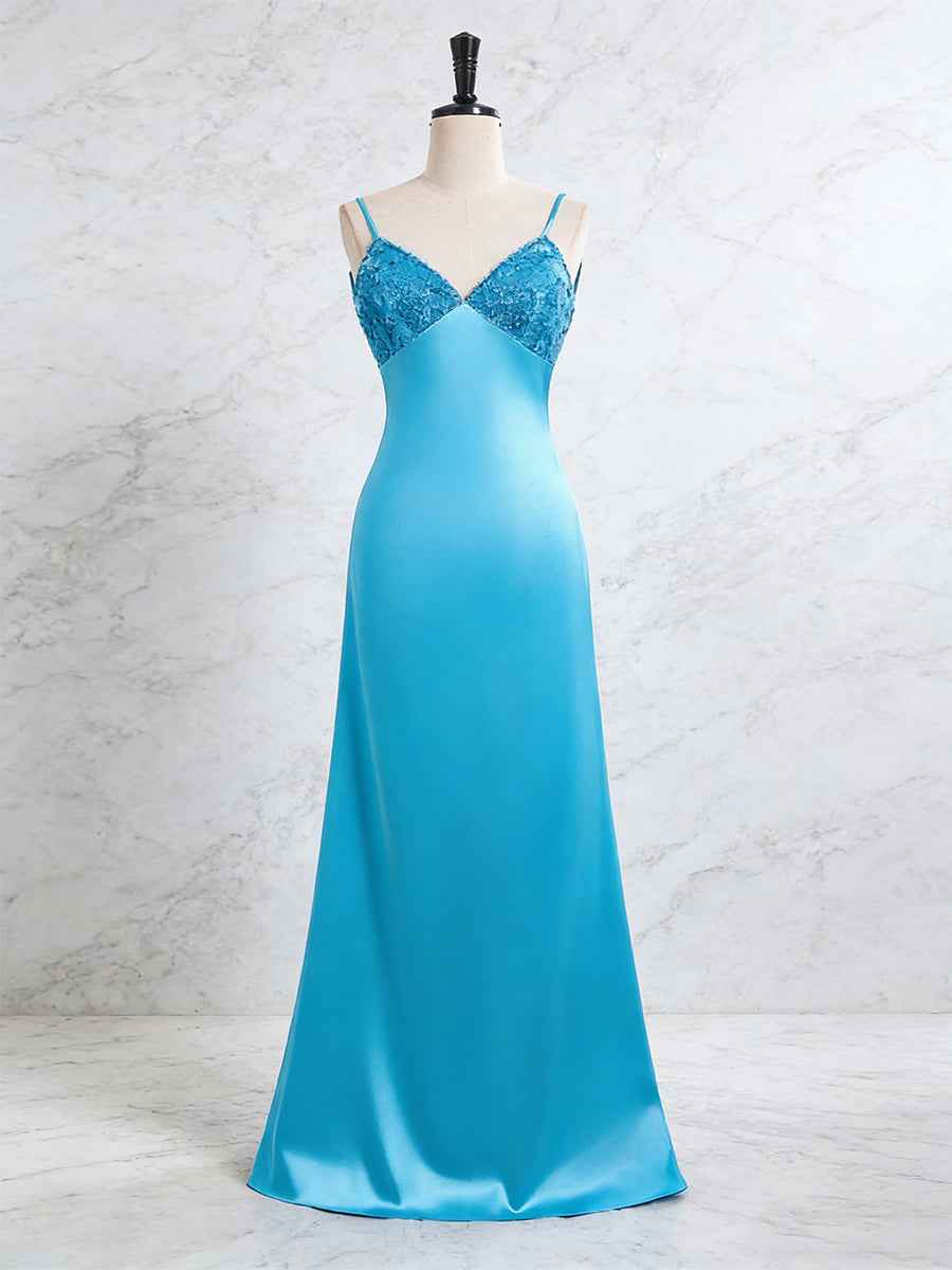 Blue A Line V-neck Beaded Back Tie Long Prom Dress
