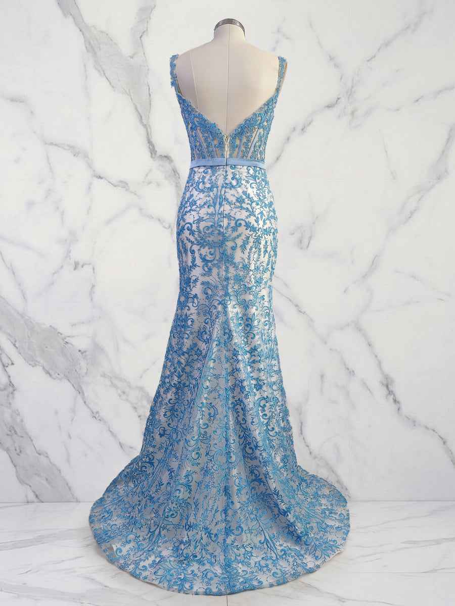 Blue Floral Mermaid Sweetheart Spaghetti Straps Long Corset Prom Dress