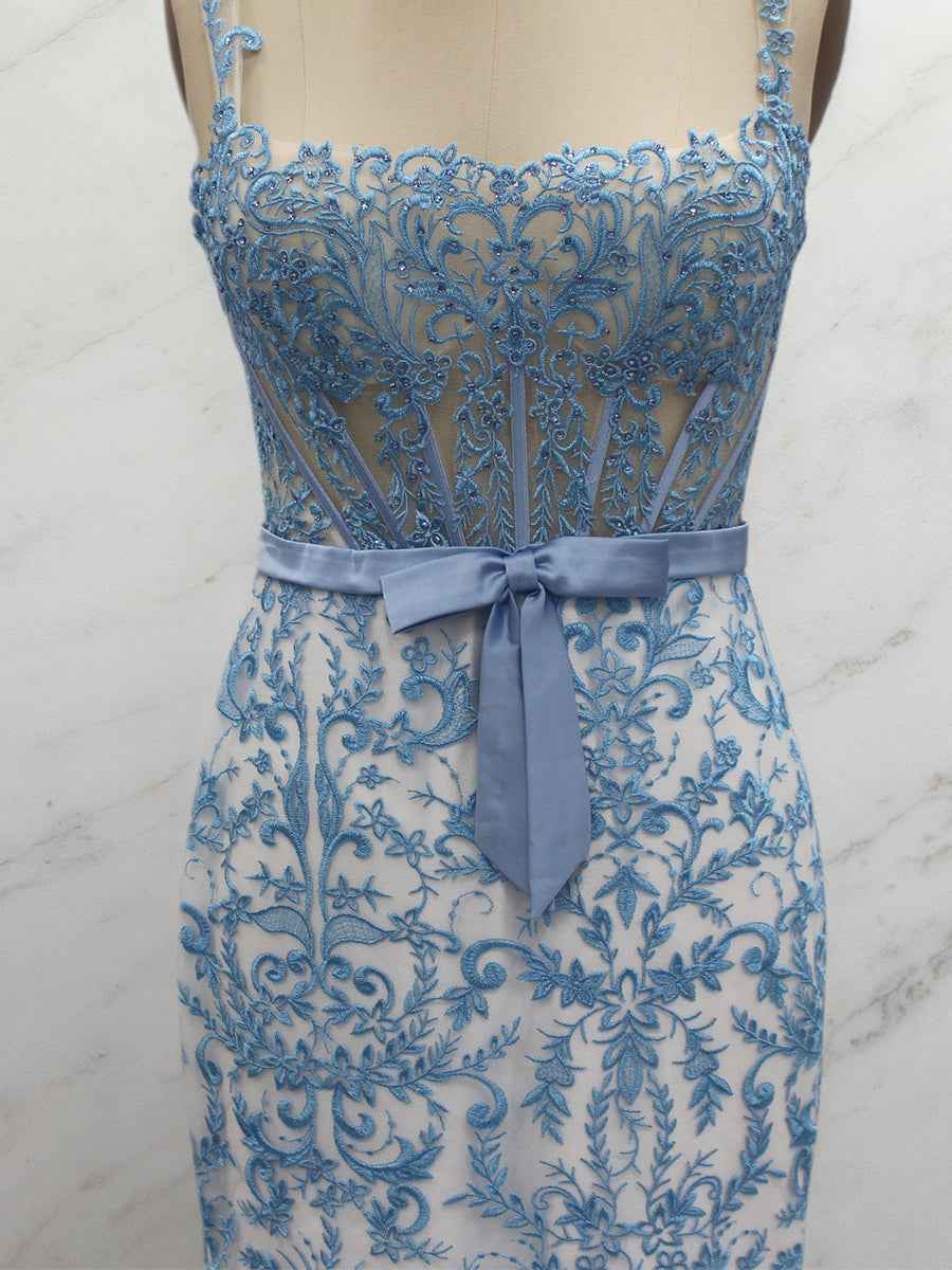 Blue Floral Mermaid Sweetheart Spaghetti Straps Long Corset Prom Dress