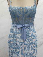 Blue Floral Mermaid Sweetheart Spaghetti Straps Long Corset Prom Dress