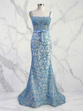 Blue Floral Mermaid Sweetheart Spaghetti Straps Long Corset Prom Dress