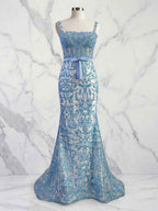 Blue Floral Mermaid Sweetheart Spaghetti Straps Long Corset Prom Dress