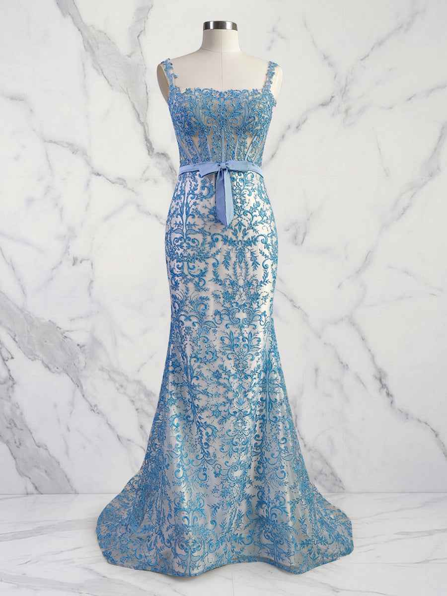 Blue Floral Mermaid Sweetheart Spaghetti Straps Long Corset Prom Dress
