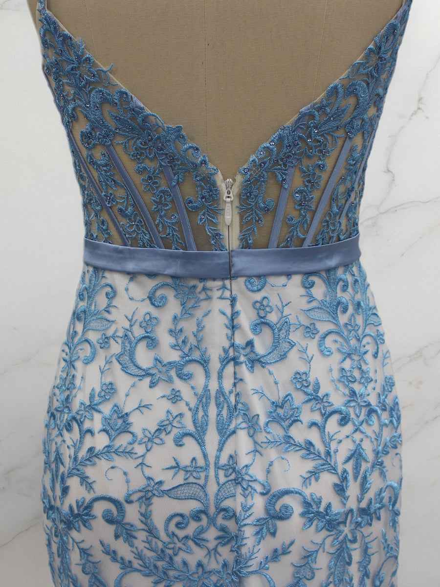 Blue Floral Mermaid Sweetheart Spaghetti Straps Long Corset Prom Dress