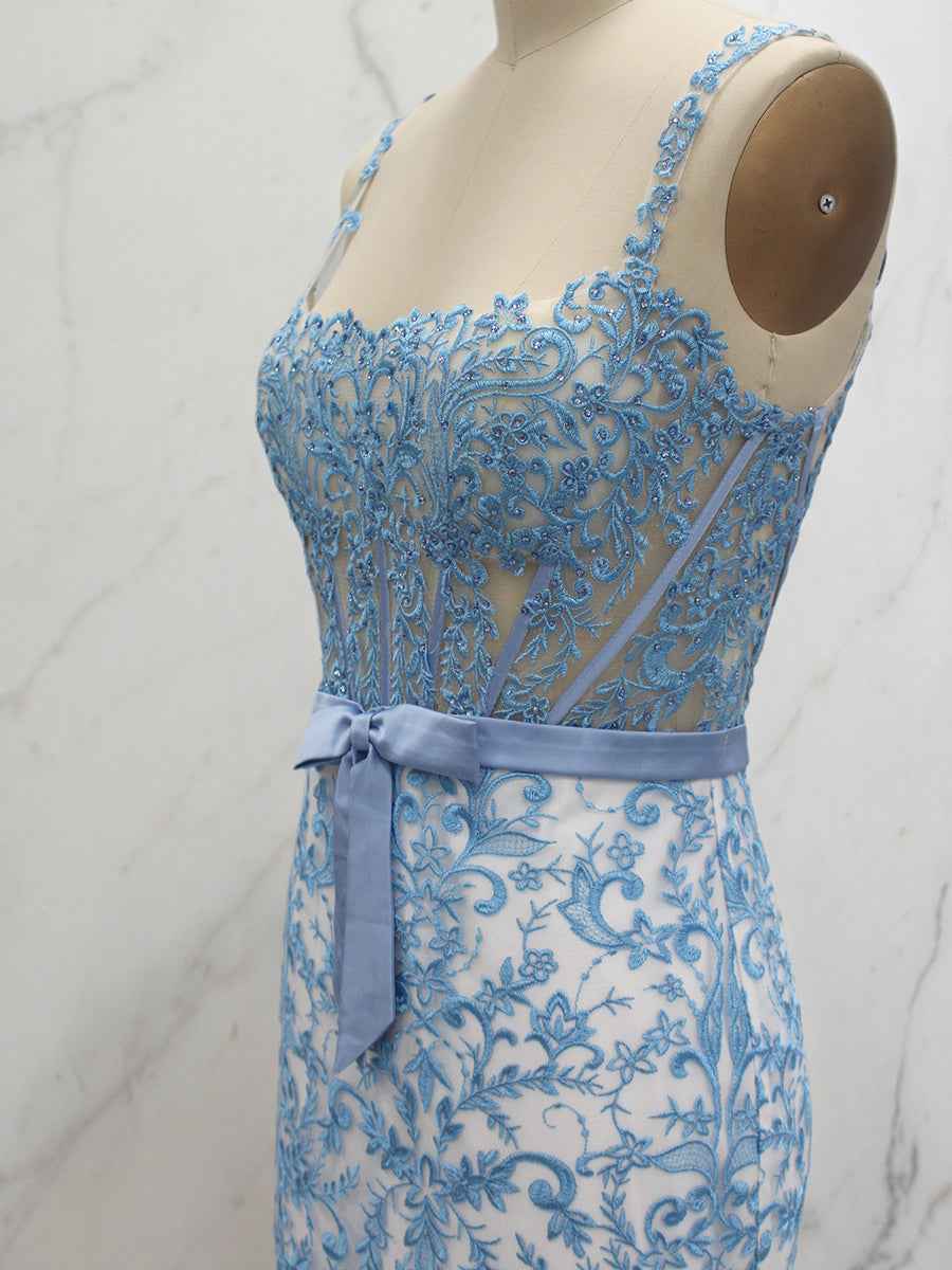 Blue Floral Mermaid Sweetheart Spaghetti Straps Long Corset Prom Dress