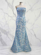 Blue Floral Strapless Pearl Beaded Ruched Long Corset Prom Dress