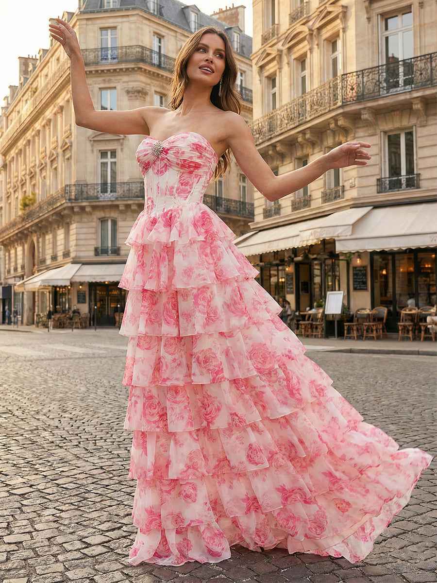 Blue Floral Strapless Tiered Ruffle Corset Prom Dress with Slit