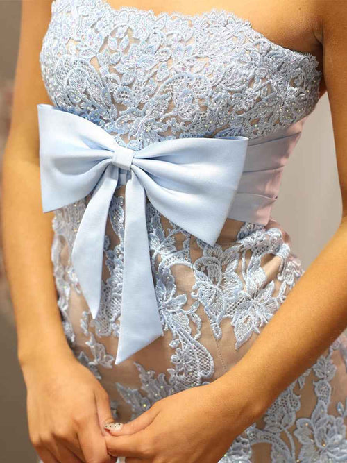 Blue Lace Strapless Satin Bow Prom Dress with Slit BMBRIDE