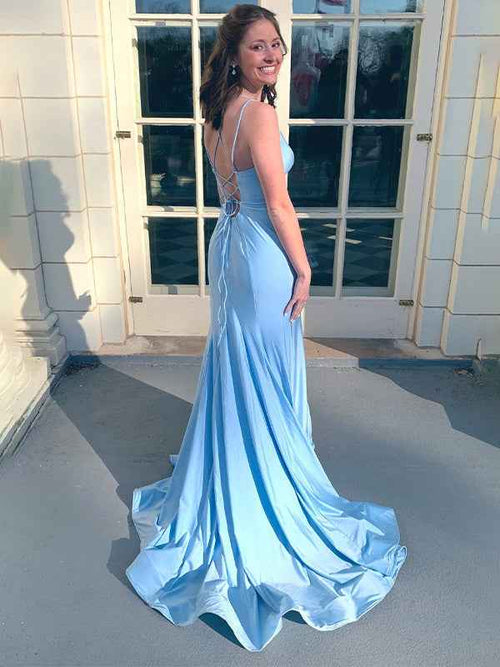 Blue Mermaid Double Straps Satin Long Prom Dress BMBRIDE