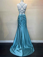 Yellow Mermaid Scoop Neck Satin Long Prom Dress with Slit