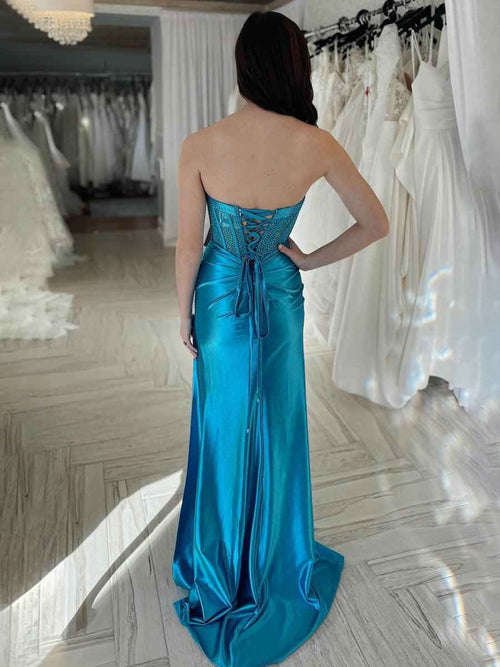 Blue Mermaid Spaghetti Straps Beaded Sweetheart Long Prom Dress with Slit BMBRIDE
