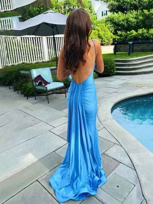 Blue Mermaid Spaghetti Straps Satin Backless Long Prom Dress BMBRIDE