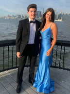 Blue Mermaid Spaghetti Straps Satin Backless Long Prom Dress