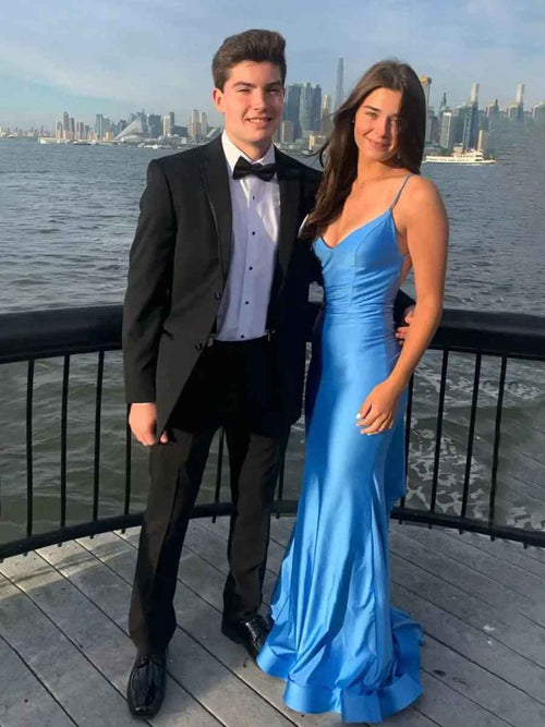 Blue Mermaid Spaghetti Straps Satin Backless Long Prom Dress BMBRIDE