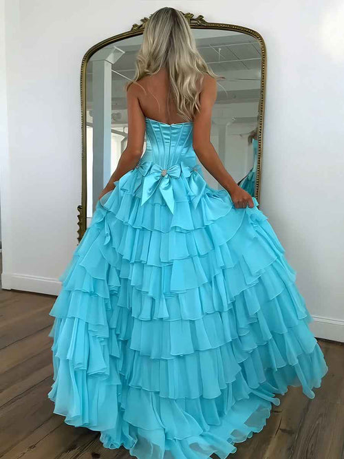 Princess Strapless Tiered A-Line Long Prom Dress with Slit BMBRIDE