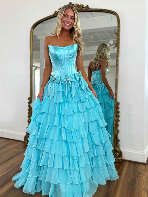 Princess Strapless Tiered A-Line Long Prom Dress with Slit BMBRIDE