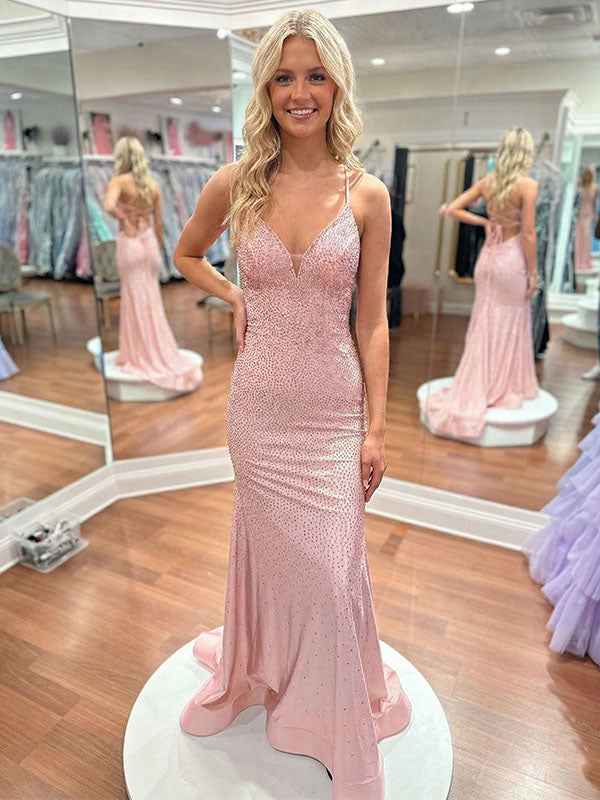 Blue Sequin V Neck Long Mermaid Prom Dress