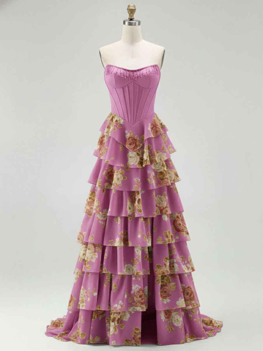 Blue Strapless Floral Print Tiered Ruffle Corset Prom Dress