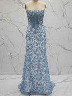 Blue Strapless Pearl Beaded Corset Ruched Long Prom Dress