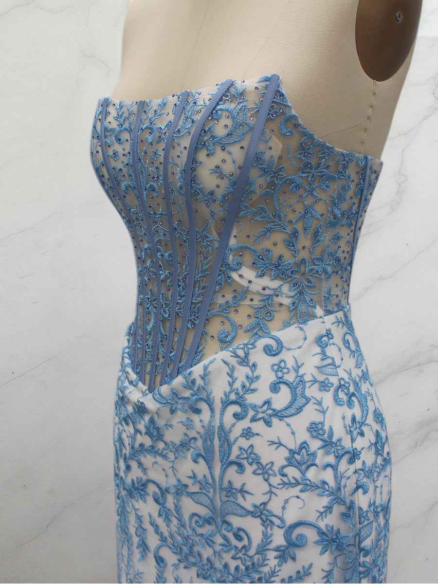 Blue Floral Strapless Pearl Beaded Ruched Long Corset Prom Dress