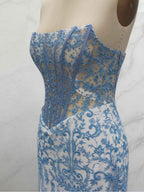 Blue Floral Strapless Pearl Beaded Ruched Long Corset Prom Dress